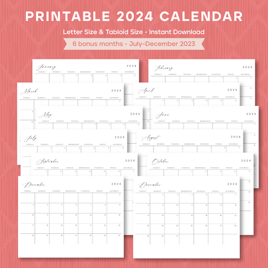 Printable 2024 Calendar + Jul–Dec 2023