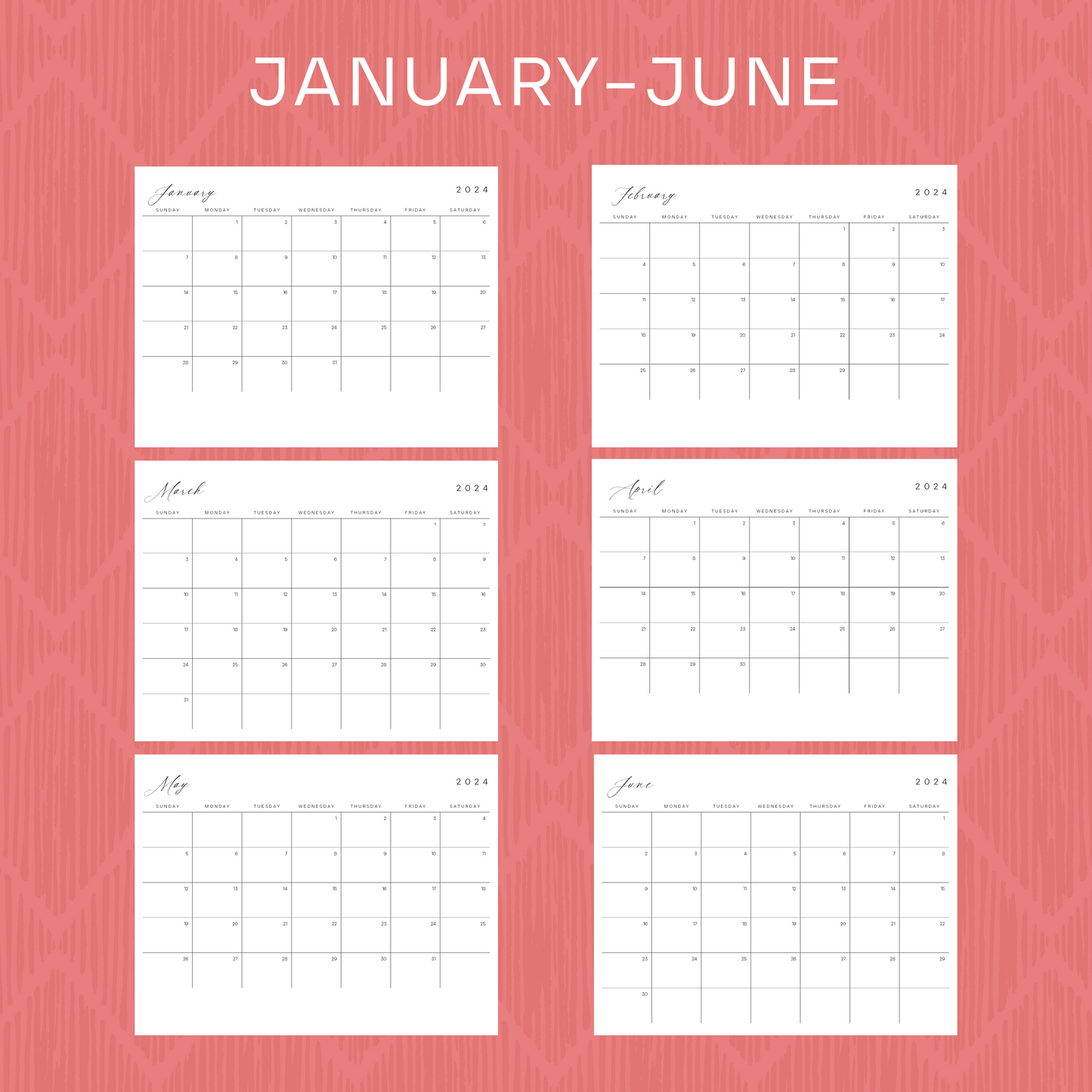 Printable 2024 Calendar + Jul–Dec 2023